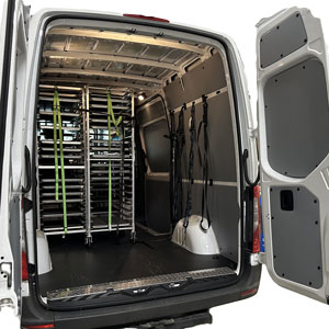 A van with shelves and racks in it